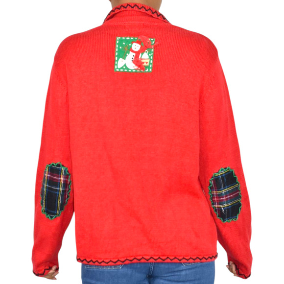 Designer Originals Ugly Christmas Cardigan Sweater Patchwork Plaid Snowman Large - Picture 3 of 16